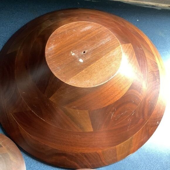 Mid-Century Modern Vermillion Real Walnut 7-Piece Salad Bowl Set With Serving Ut - Picture 6 of 12
